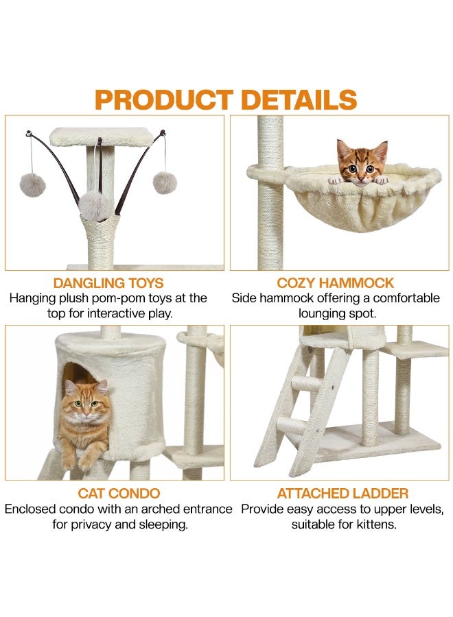 NNC PETS Cat tree tower for Indoor cats & Kittens, Multi-level cat tree activity center with hanging toys, Sisal scratching post, Cozy Hammock, Cat condo and climbing ladder, Easy assembly, 136 cm (Beige) - Image 3